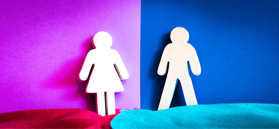 Gender Stereotyping thumbnail with two people in front for blue and pink background 