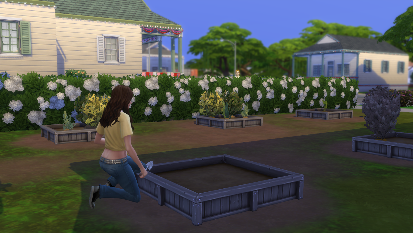 Juniper looks on from behind a healthy rose shrub as Clover struggles to keep her garden alive.
