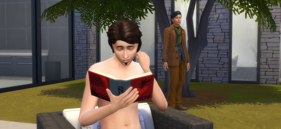 Brice reads a book at the poolside while his boyfriend Oliver Checks him out.