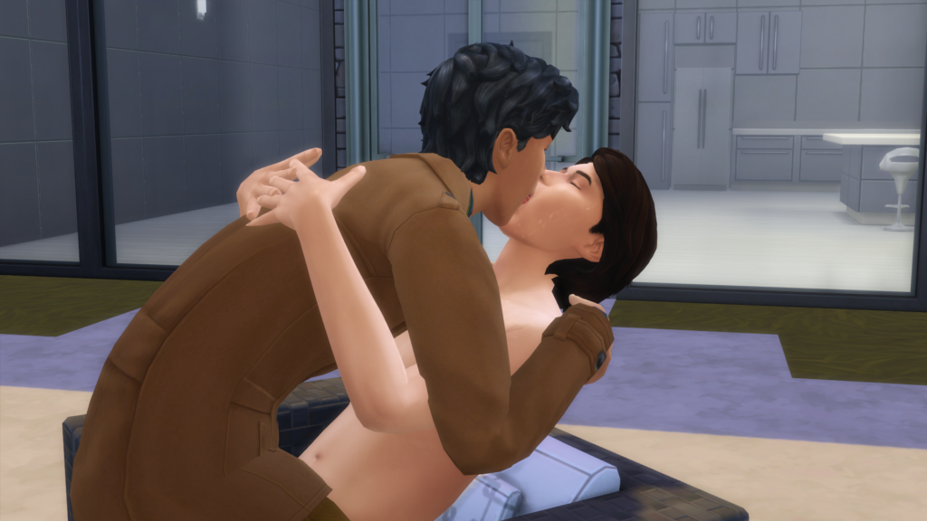 Close up: Oliver greets Brice with a passionate kiss.