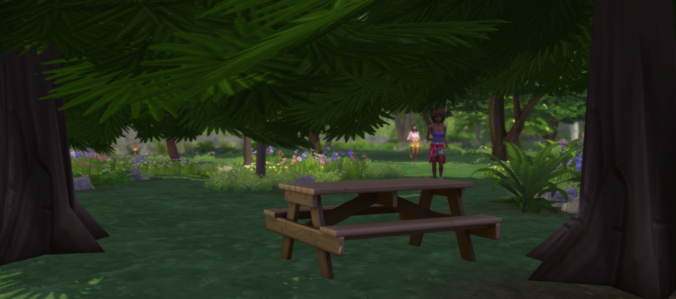 Skye and Jasmine run up to the picnic table in the shade to take a break