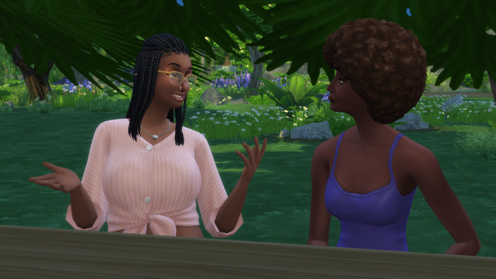 Jasmine smiles as they talk to Skye