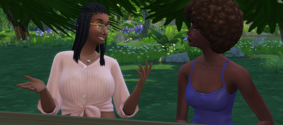 Jasmine smiles as they talk to Skye