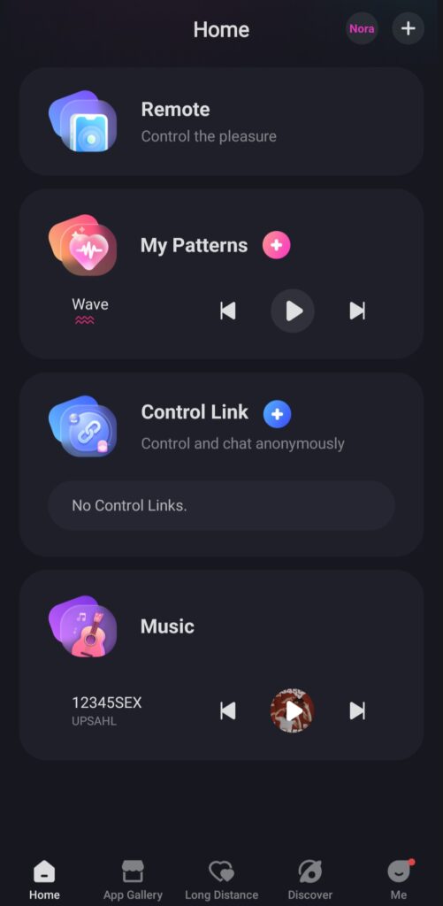 Lovense control home screen, it includes remote, my patterns, control link and music.